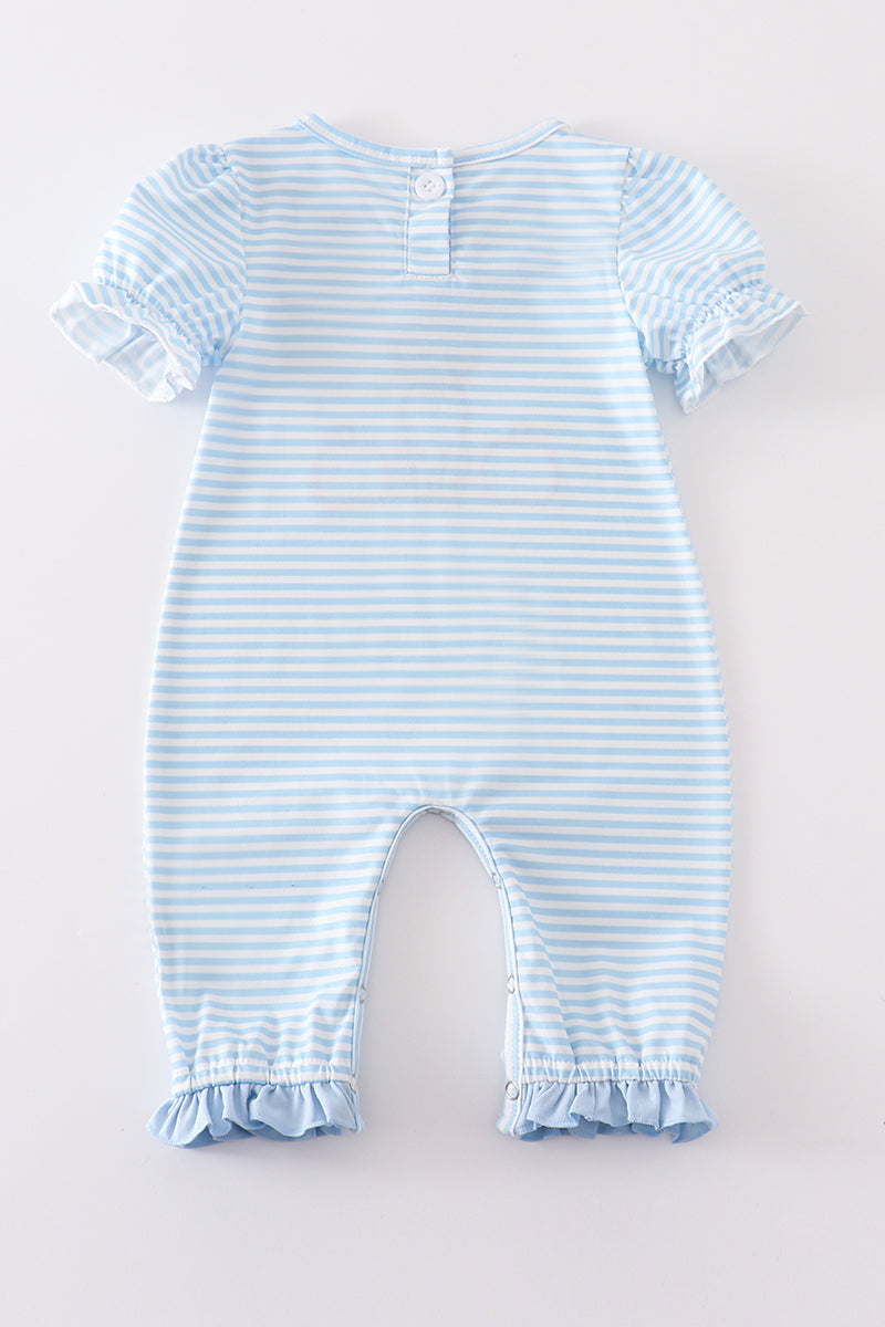 Blue Stripe Dog Pumpkin Applique Girl Romper