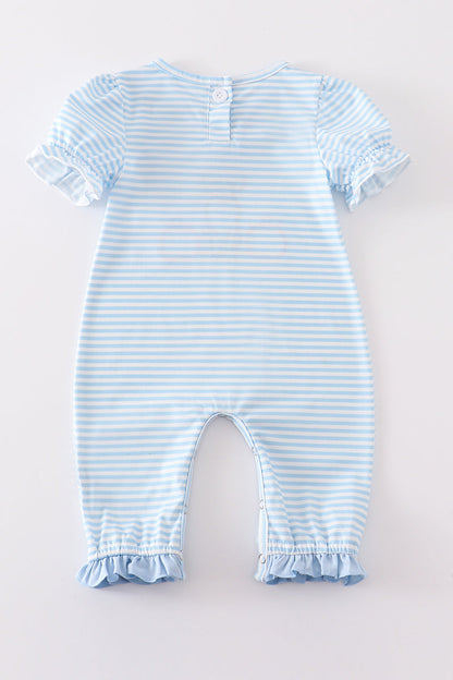 Blue Stripe Dog Pumpkin Applique Girl Romper