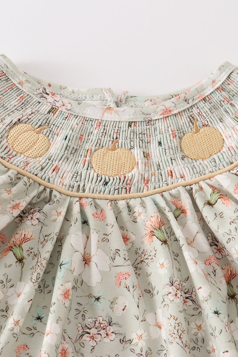 Green Floral Pumpkin Embroidery Dress