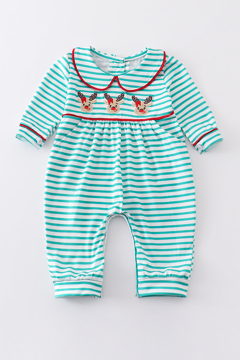 Green Stripe Christmas Deer Girl Romper