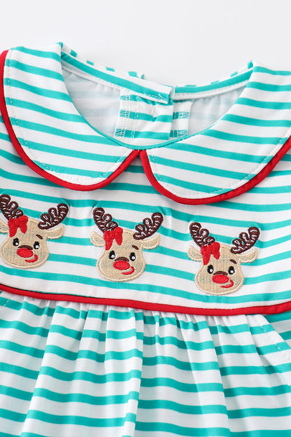 Green Stripe Christmas Deer Girl Romper