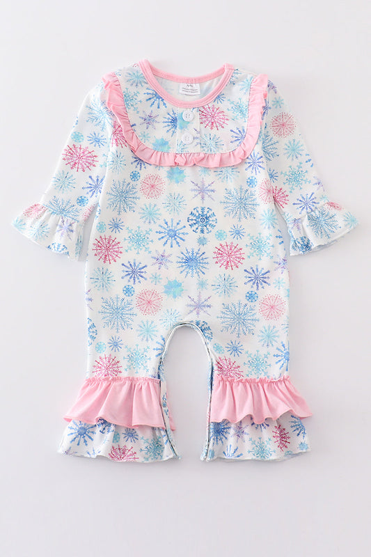 Pink Snowflake Print Ruffle Girl Romper