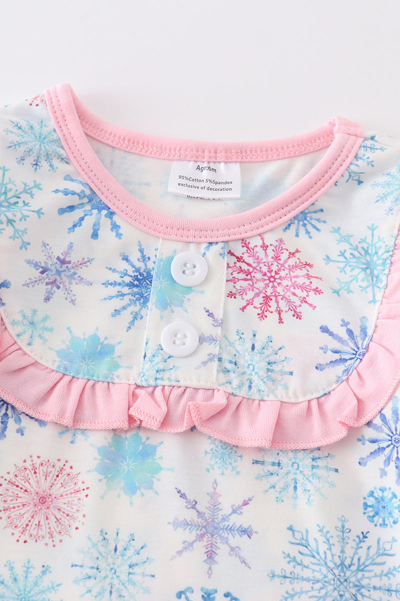 Pink Snowflake Print Ruffle Girl Romper