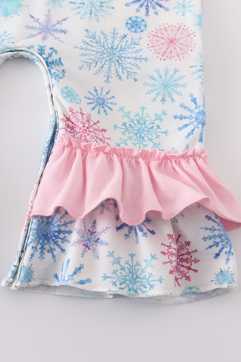 Pink Snowflake Print Ruffle Girl Romper