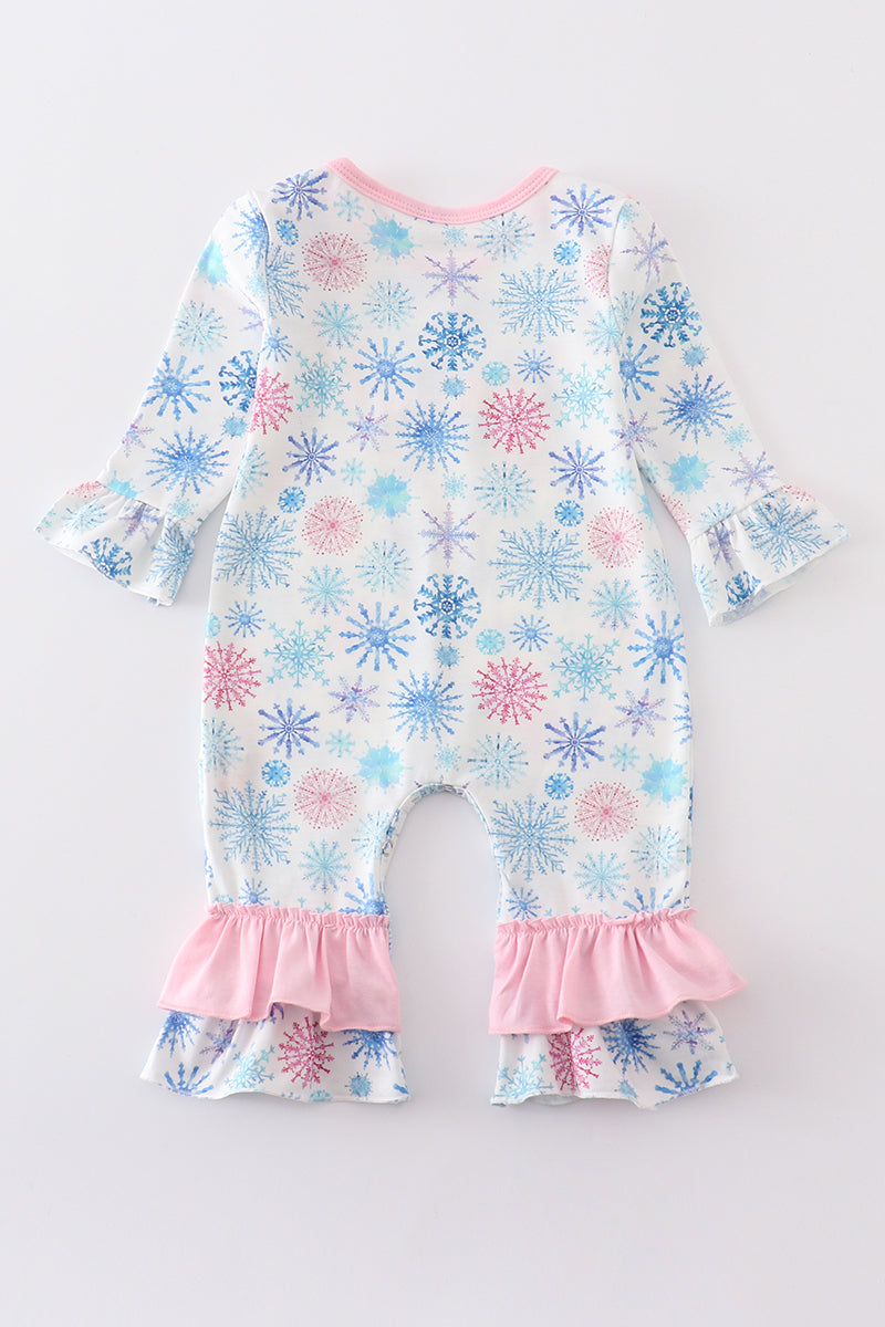 Pink Snowflake Print Ruffle Girl Romper