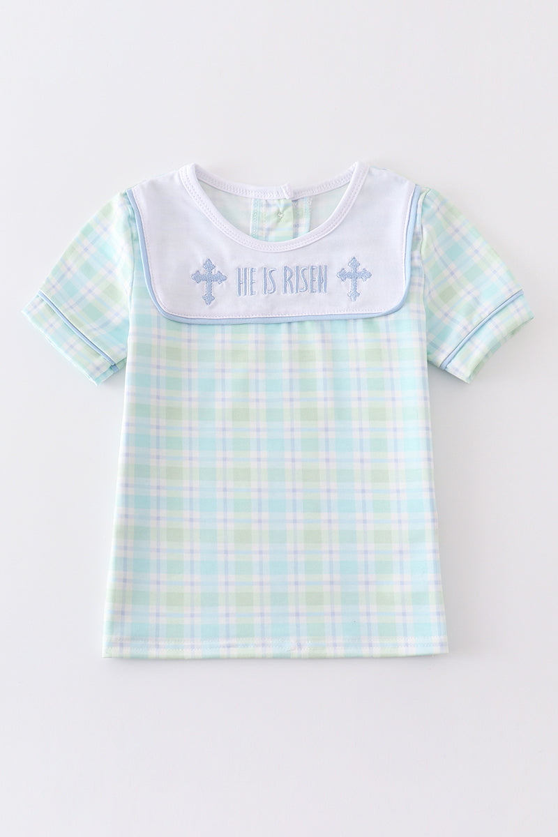 Blue Easter Plaid He Is Risen Embroidery - Boy Top