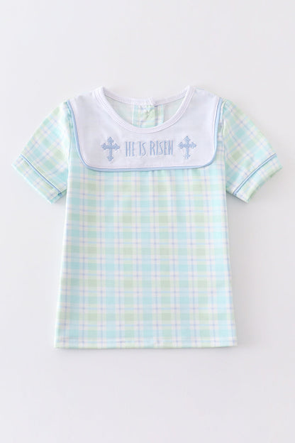 Blue Easter Plaid He Is Risen Embroidery - Boy Top