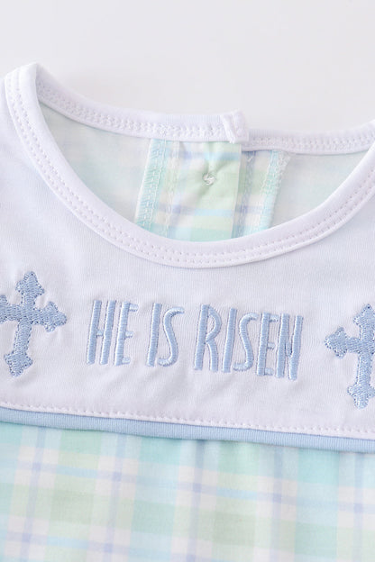 Blue Easter Plaid He Is Risen Embroidery - Boy Top