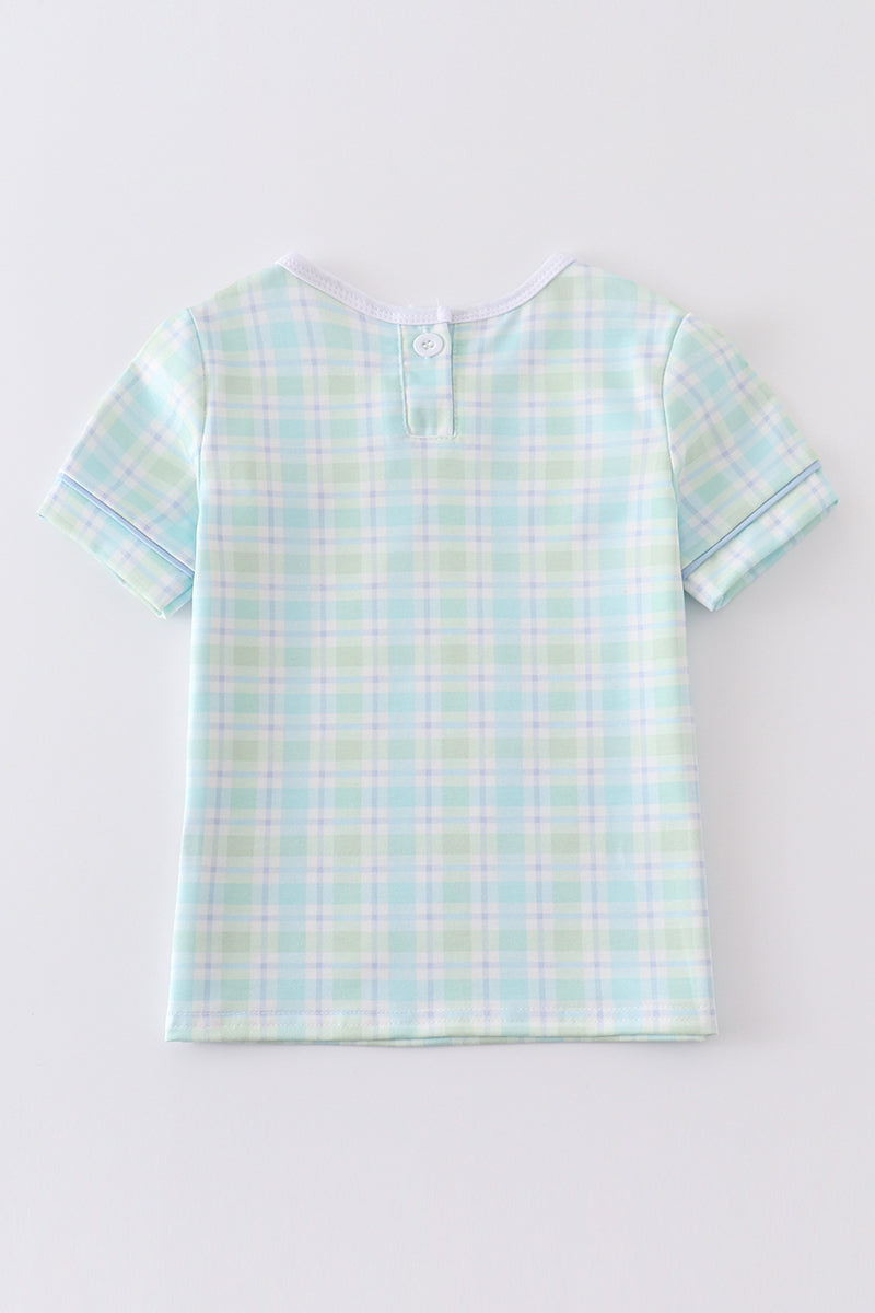 Blue Easter Plaid He Is Risen Embroidery - Boy Top