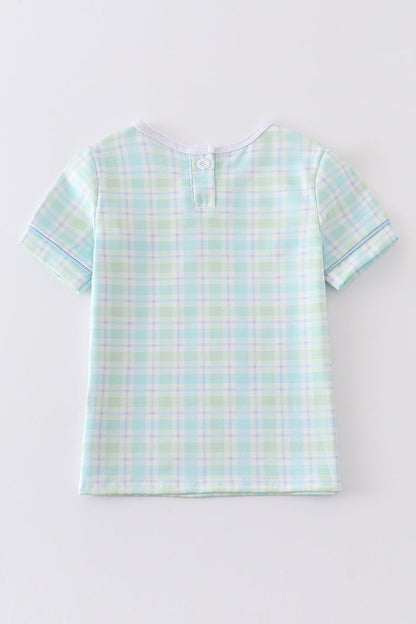 Blue Easter Plaid He Is Risen Embroidery - Boy Top