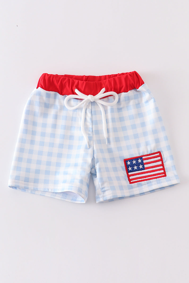 Patriotic Plaid Flag Embroidery Swim Trunks