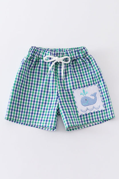 Green Whale Summer Plaid Boy Trunks