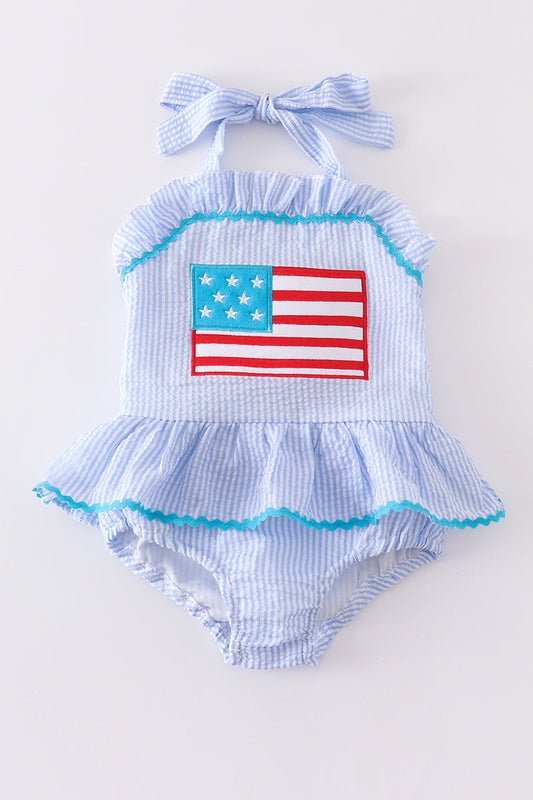 Blue Patriotic Flag One-Piece Girl Swimsuit