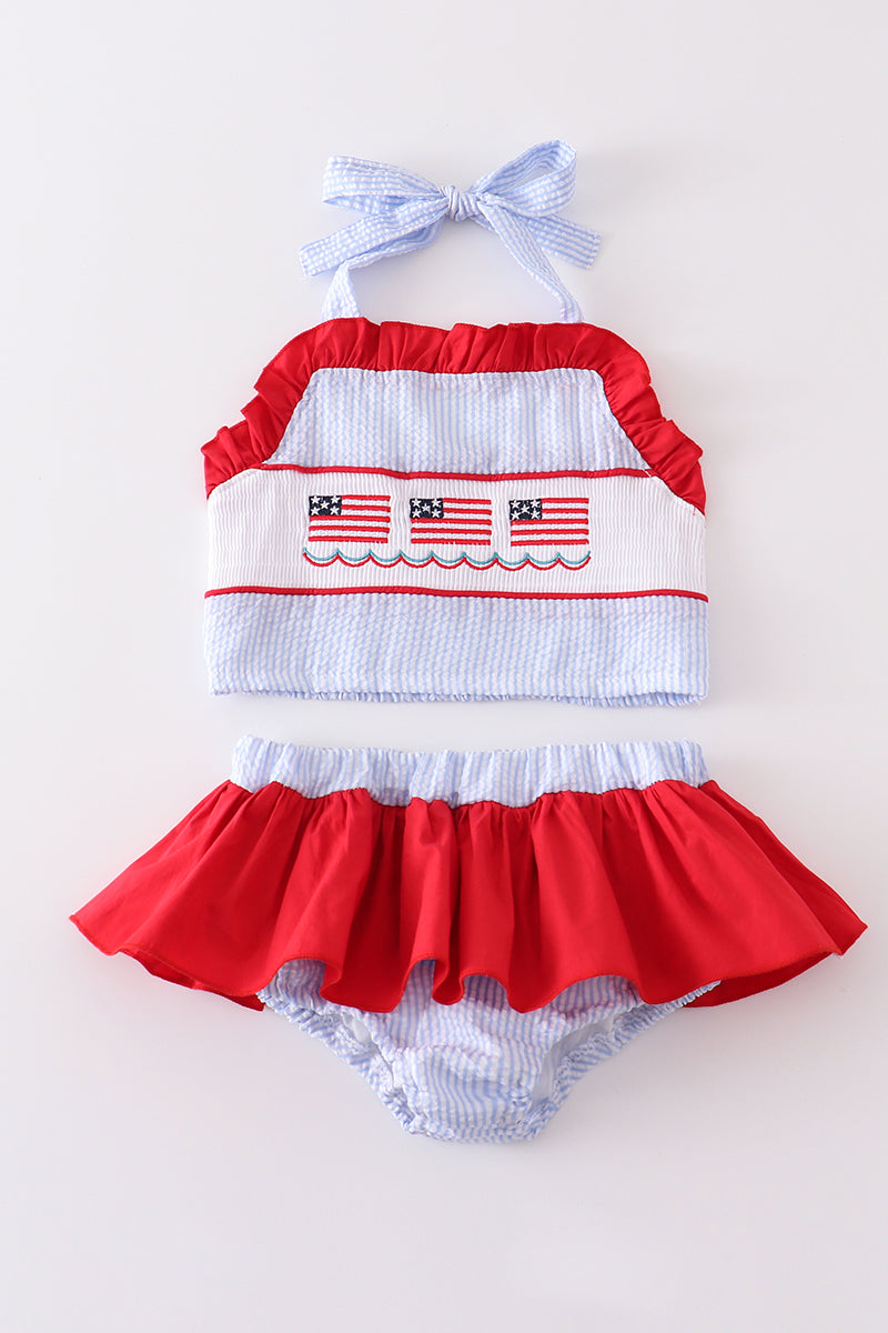 Patriotic Flag Smocked 2pc Girl Swimsuit