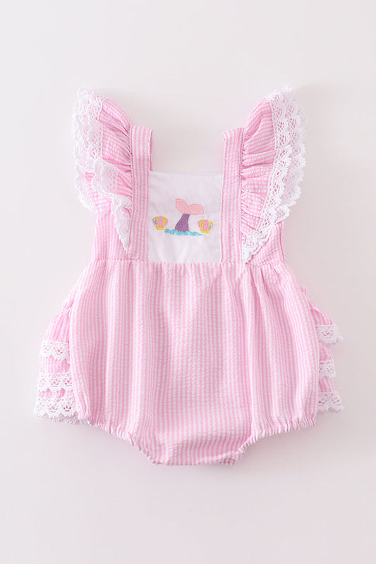 Pink Mermaid Embroidery Ruffle Bubble