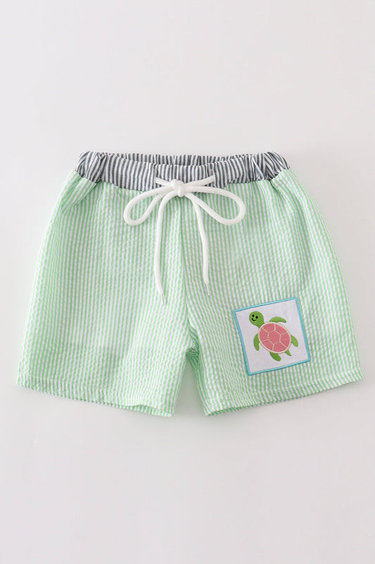 Green Turtle Embroidery Boy Swim Trunks