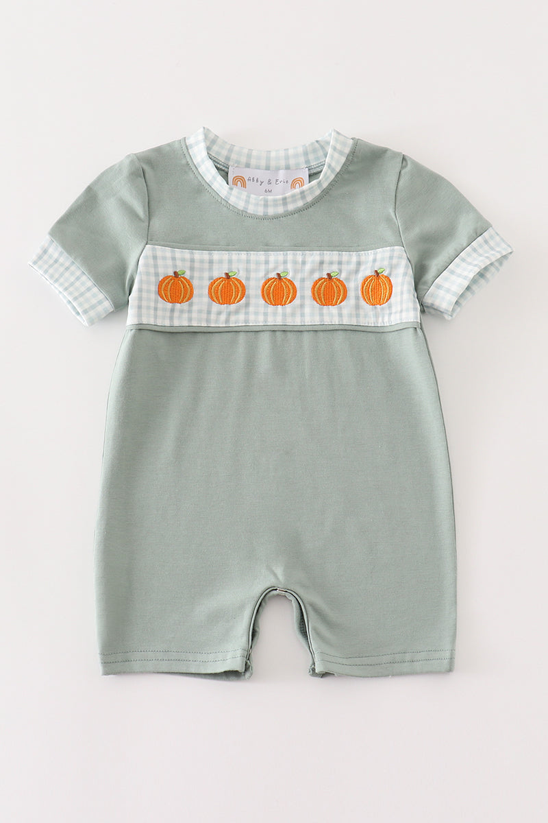 Green Pumpkin Check Boy Romper