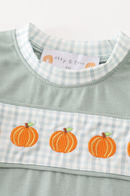 Green Pumpkin Check Boy Romper