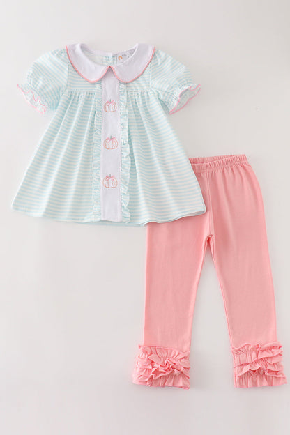 Pumpkin Embroidery Stripe Ruffle Set