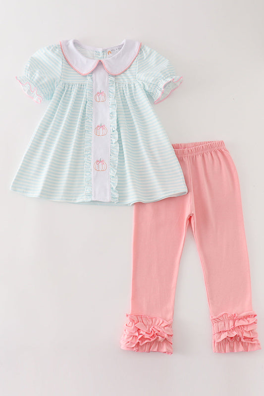 Pumpkin Embroidery Stripe Ruffle Set