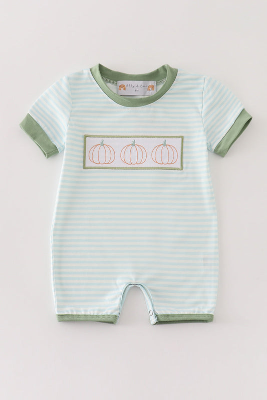 Green Pumpkin Embroidery Stripe Romper