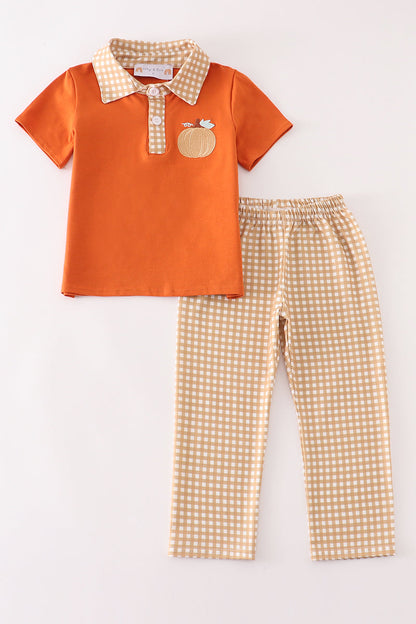 Brown Pumpkin Embroidery Plaid - Boy Set