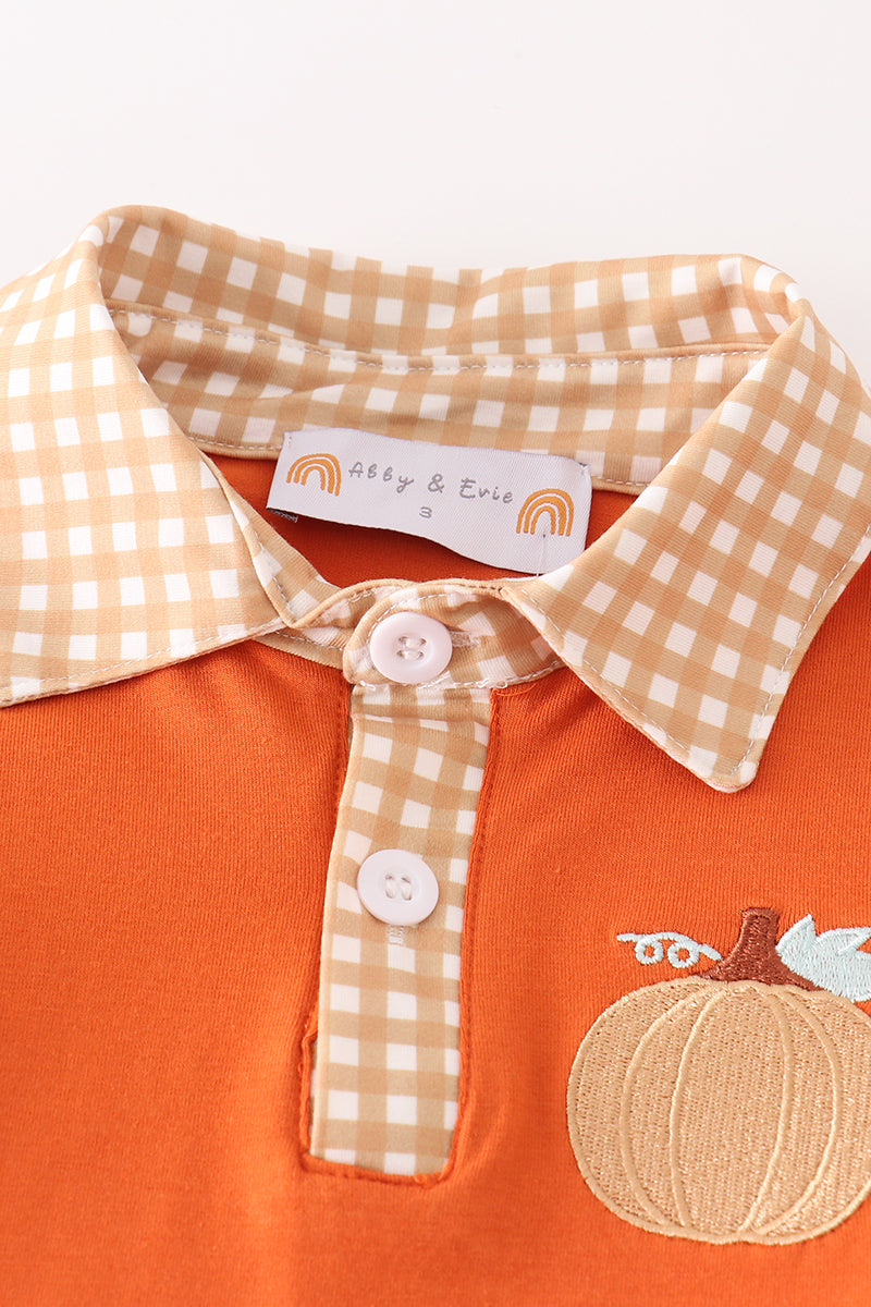 Brown Pumpkin Embroidery Plaid - Boy Set