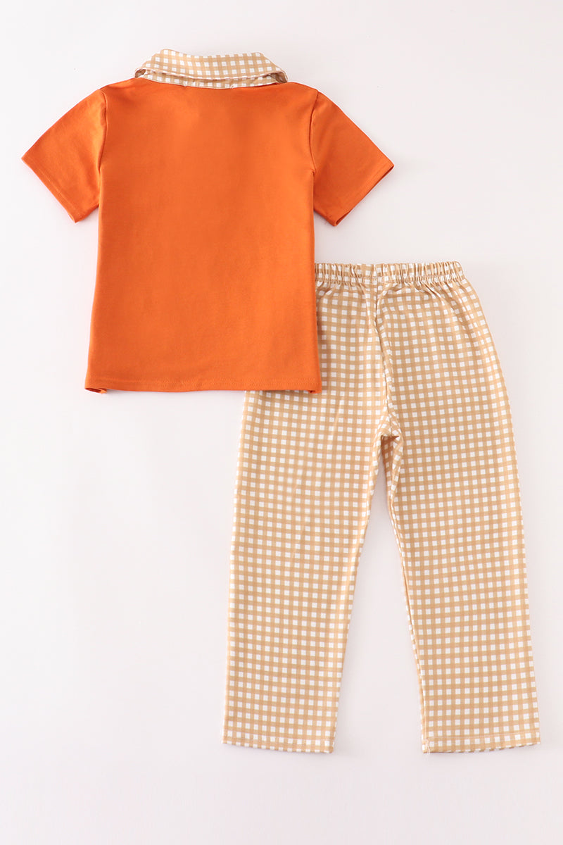 Brown Pumpkin Embroidery Plaid - Boy Set