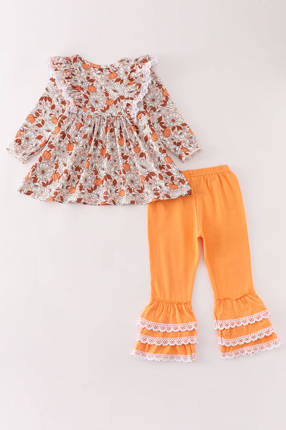 Pumpkin Floral Print Lace Ruffle Set