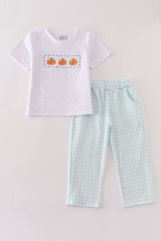 Blue Plaid Pumpkin Embroidery - Boy Set