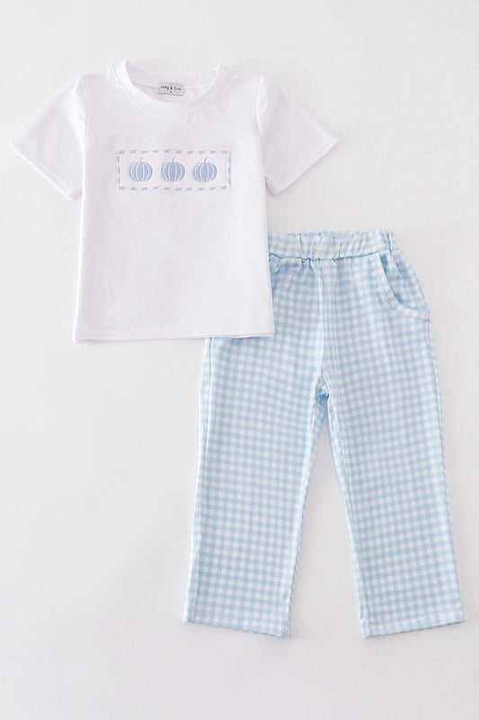 Blue Pumpkin Embroidery Plaid - Boy Set