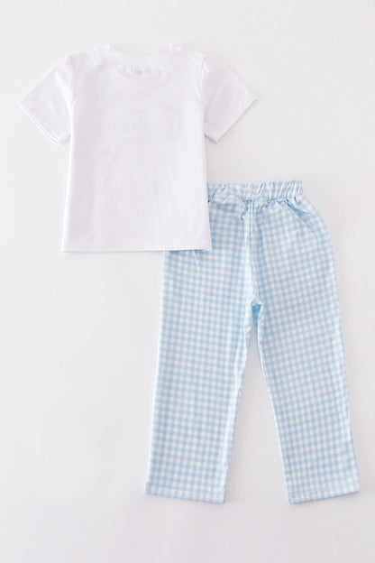 Blue Pumpkin Embroidery Plaid - Boy Set