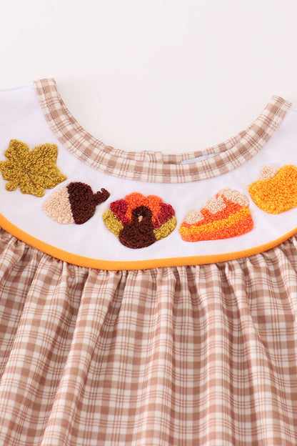 Brown Plaid Turkey French Knot - Girl Set