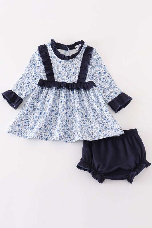 Blue Floral Print - Baby Girl Set