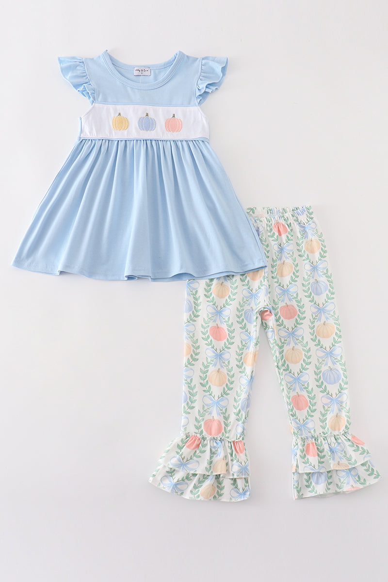 Blue Pumpkin Embroidery - Girl Ruffle Pants Set