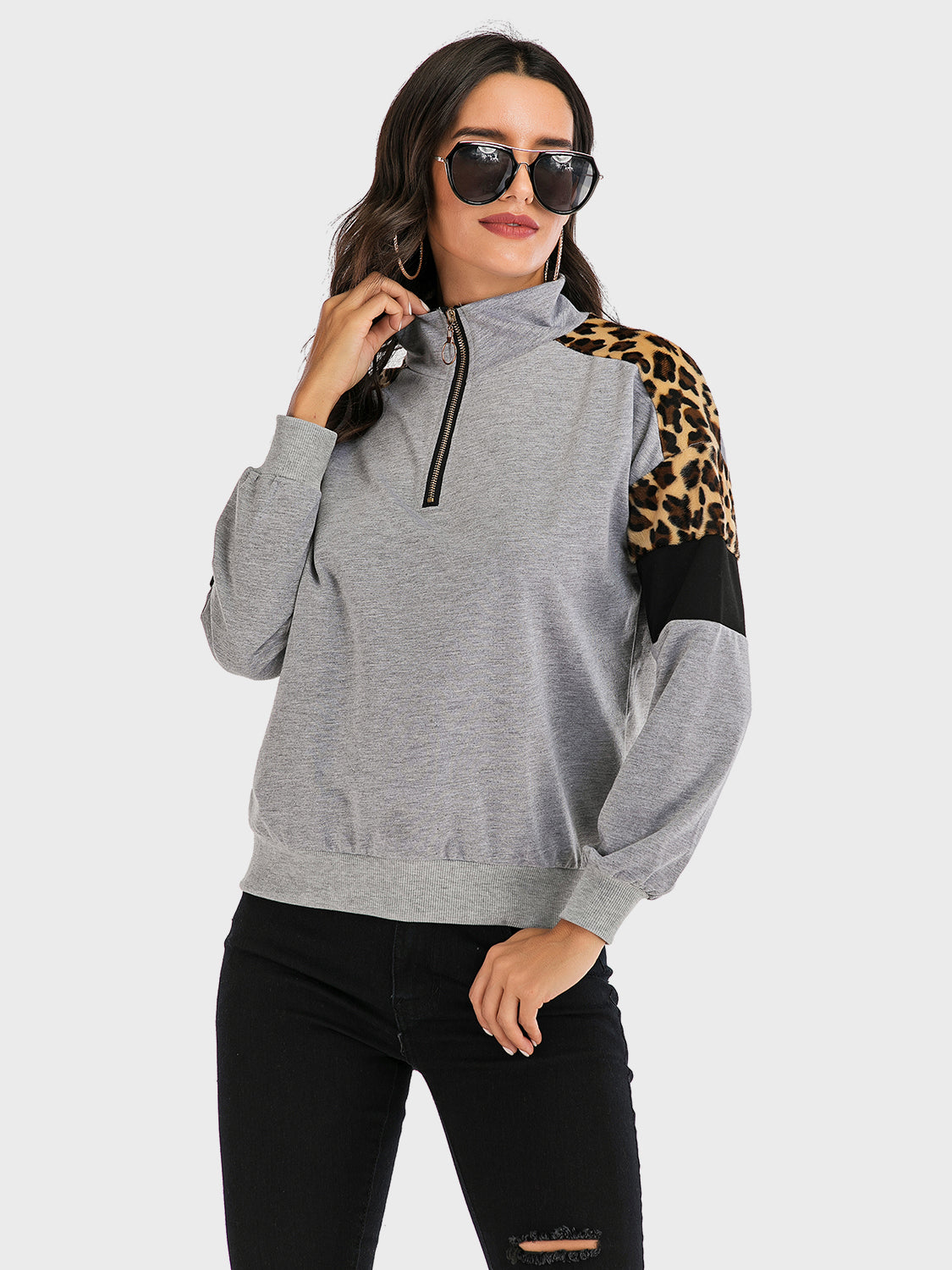 Perfee Contrast Leopard Half Zip Long Sleeve Sweatshirt