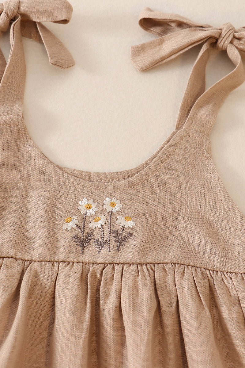 Beige Linen Floral Embroidered Ruffle Strap Bubble