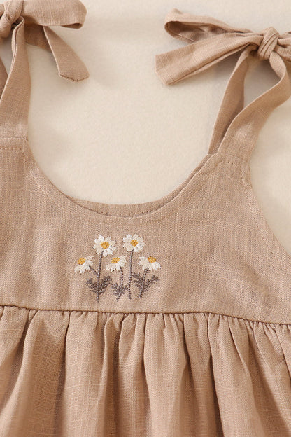 Beige Linen Floral Embroidered Ruffle Strap Bubble