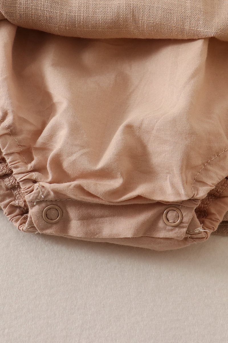 Beige Linen Floral Embroidered Ruffle Strap Bubble