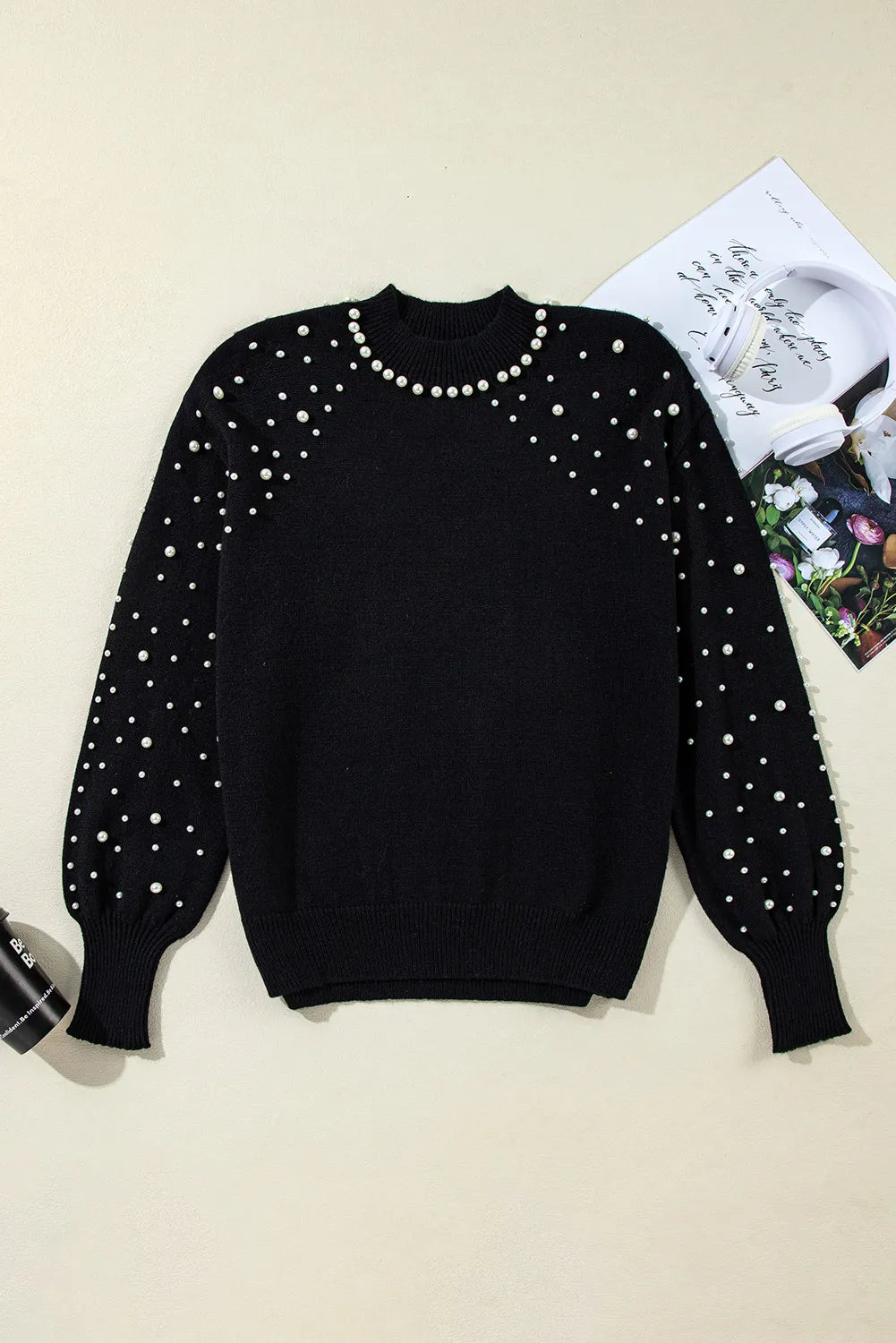 Pearl Detail Mock Neck Long Sleeve Sweater