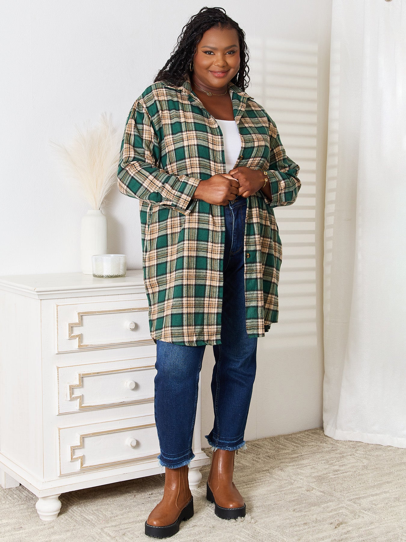 Plaid Collared Neck Long Sleeve Shirt