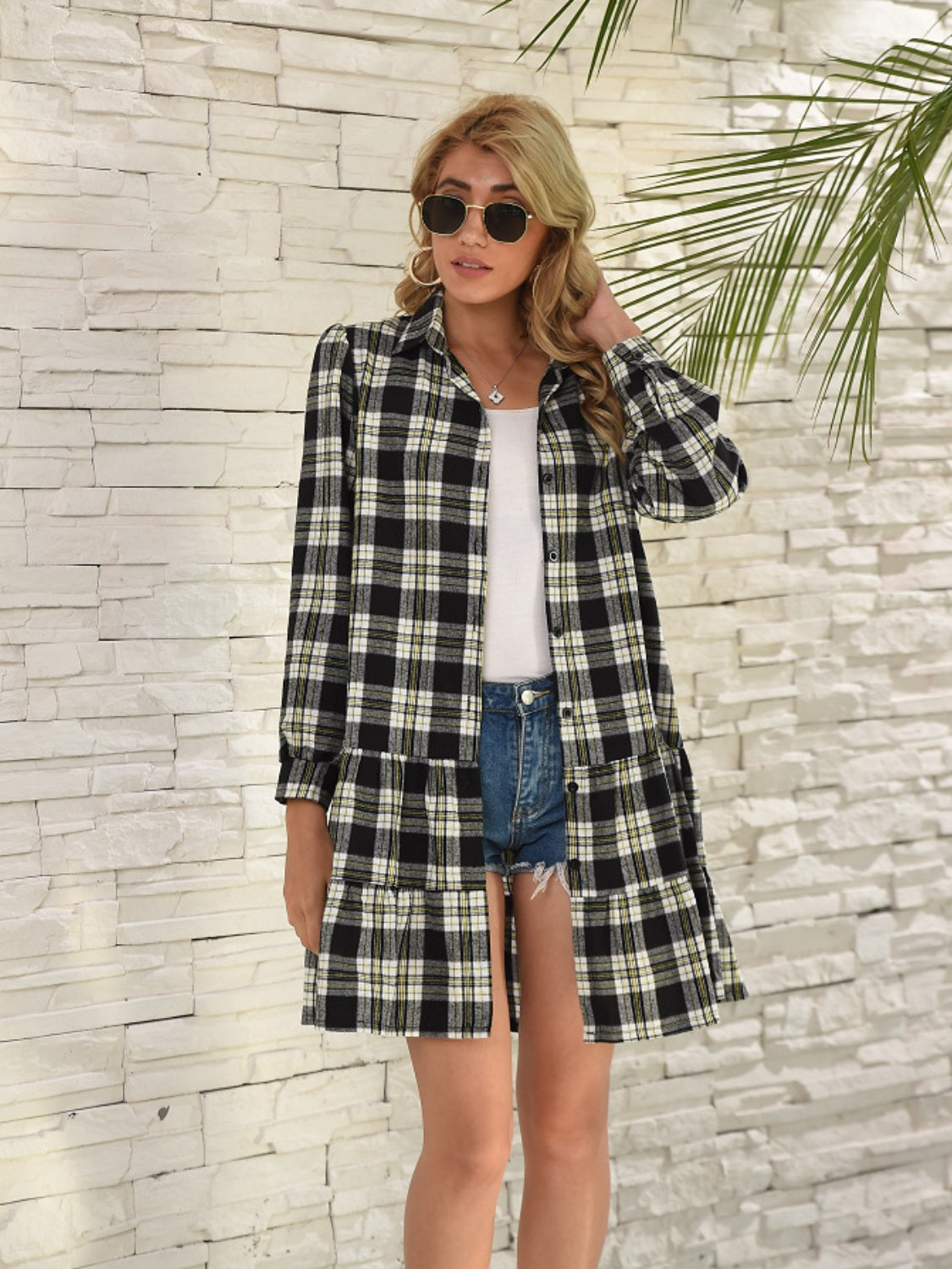 Ruffle Hem Plaid Button Down Long Sleeve Dress