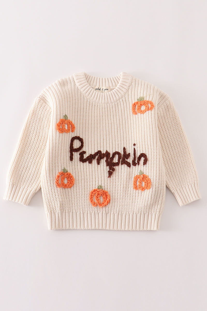 Beige Hand-Embroidery Pumpkin Pullover Sweater