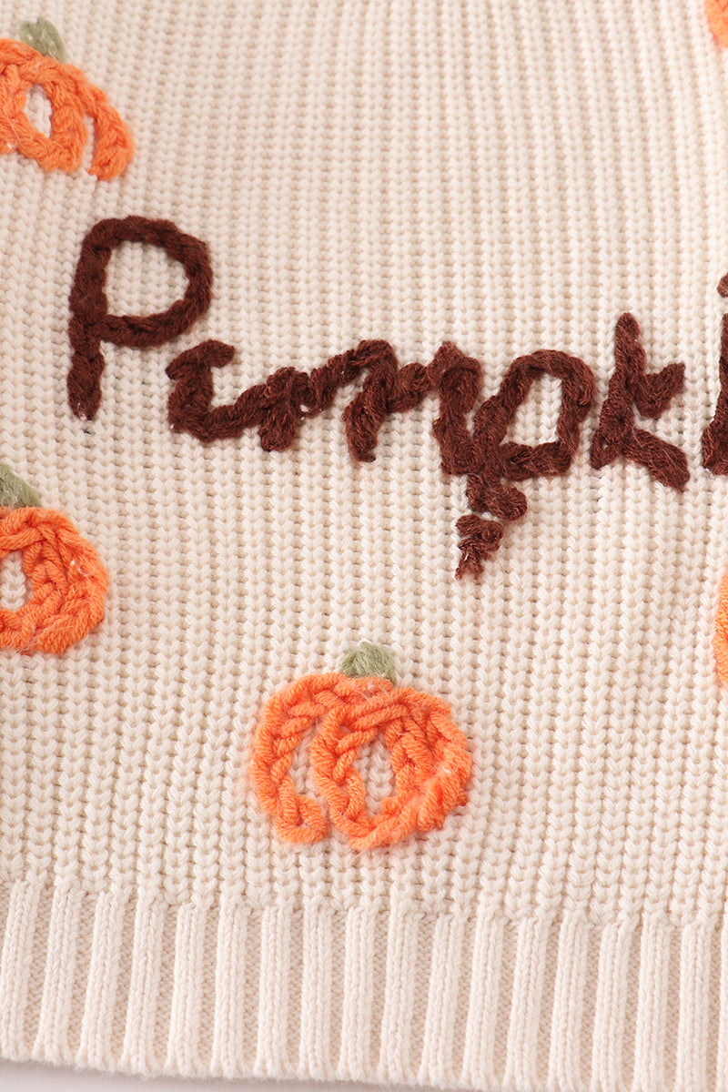 Beige Hand-Embroidery Pumpkin Pullover Sweater