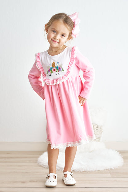 Pink Unicorn Embroidery Lace Dress