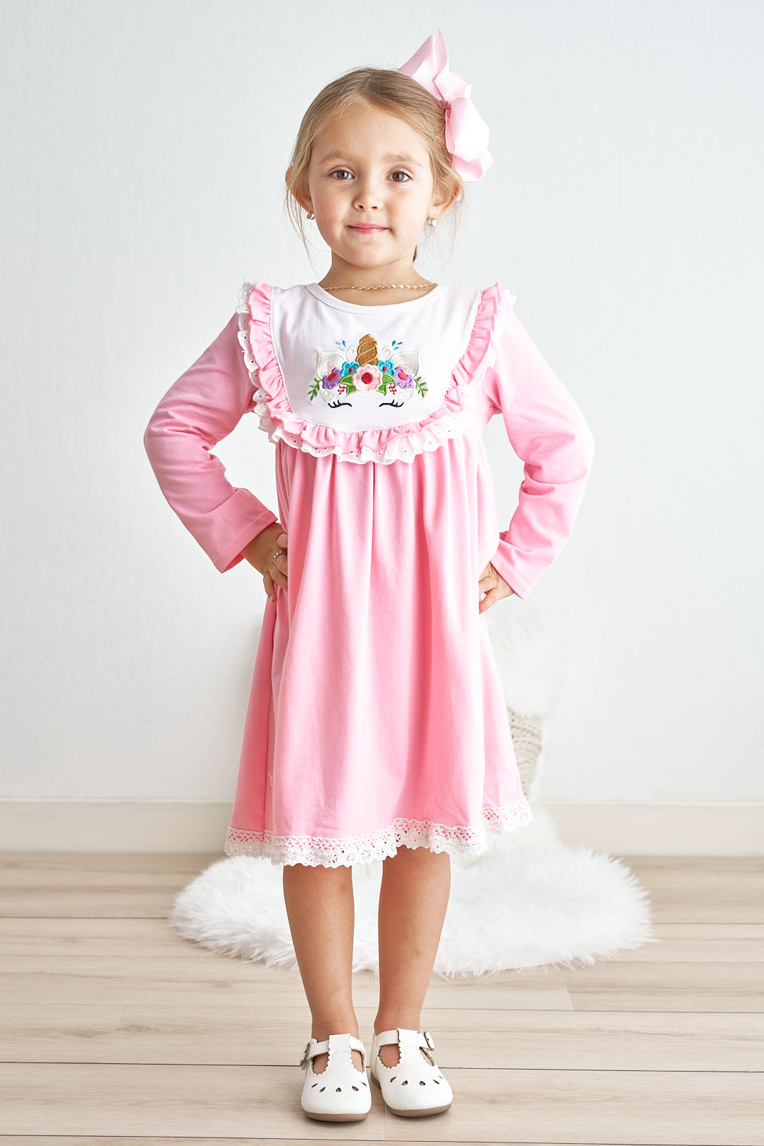 Pink Unicorn Embroidery Lace Dress