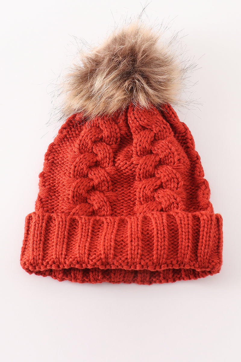 Caramel Pom Pom Cable Beanie