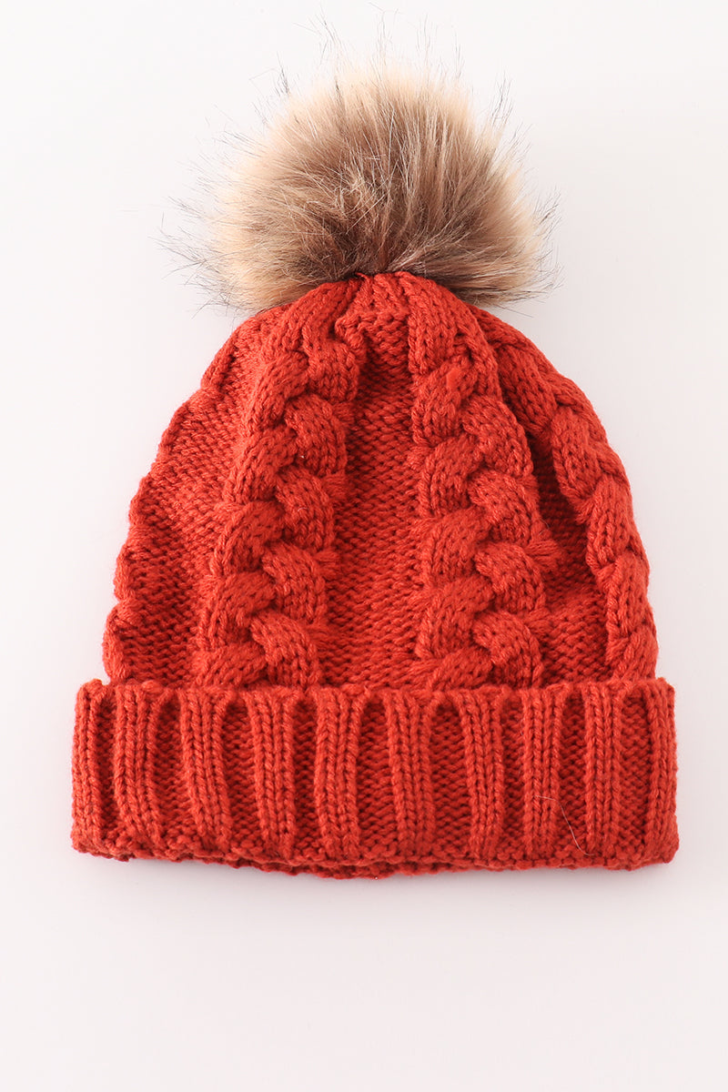 Caramel Pom Pom Cable Beanie