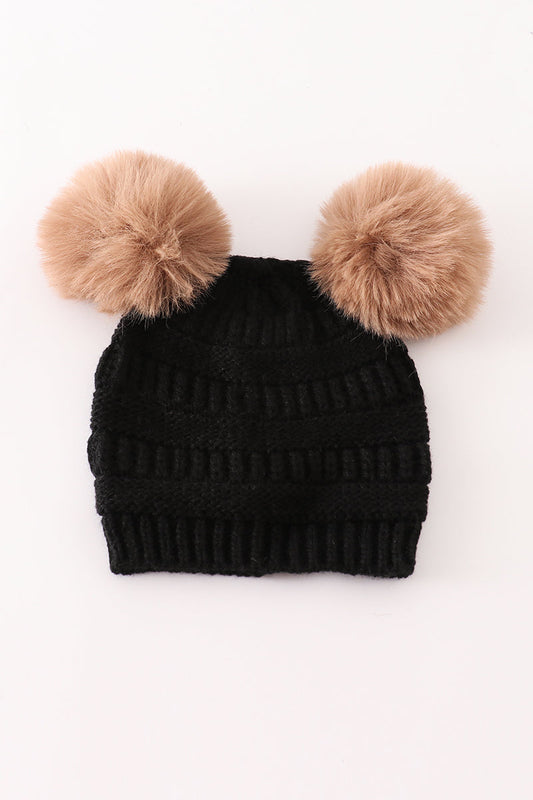 Black Double Pompom Cable Beanie