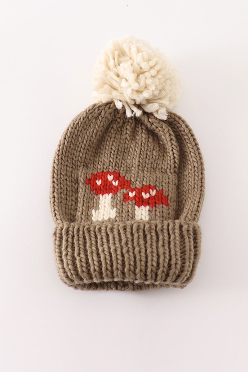 Brown Mushroom Pom Pom Beanie